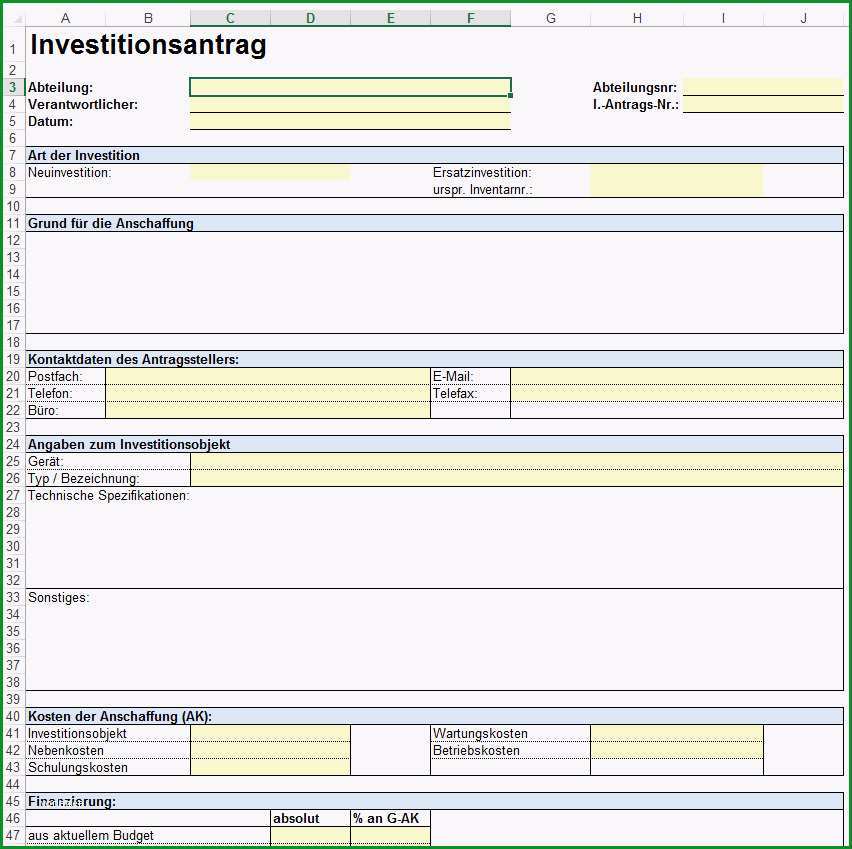 Vorlage Formular fuer Investitionsplanung Investitionsantrag