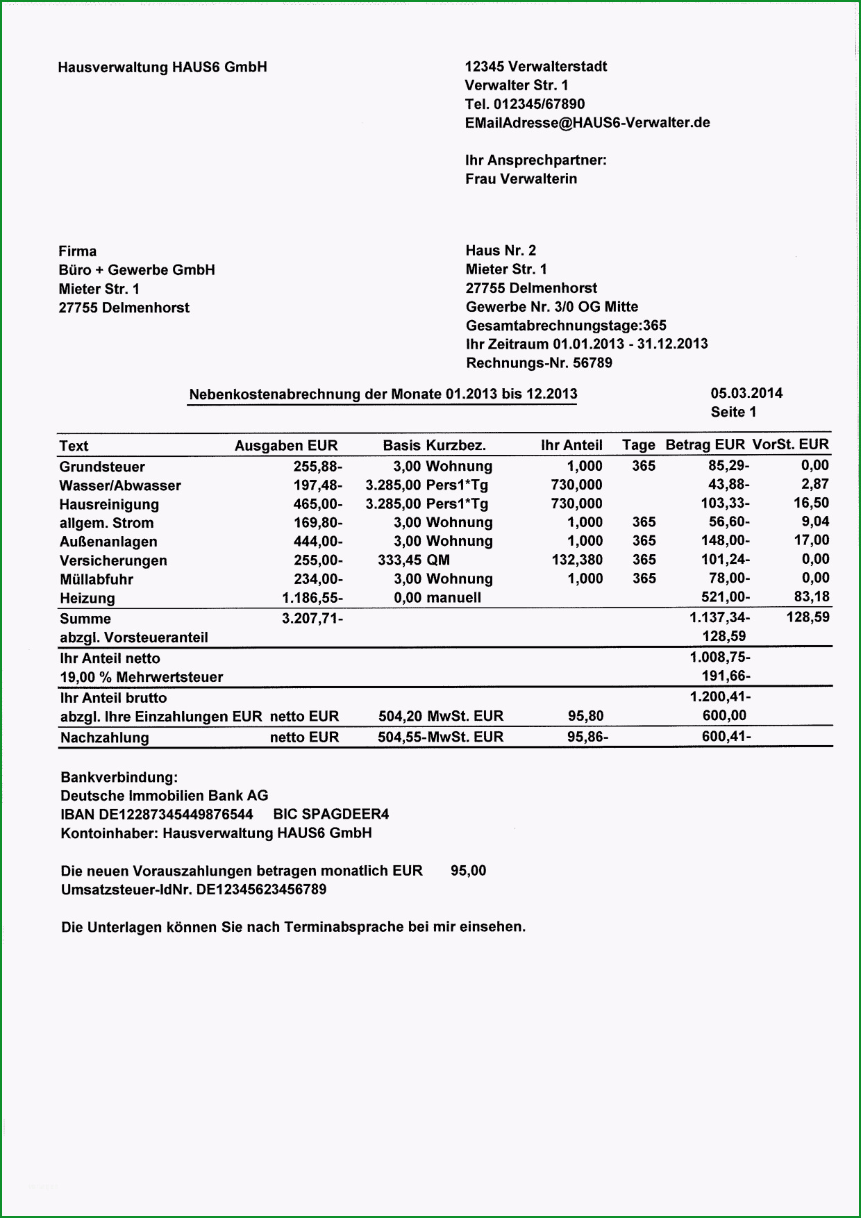 vorlage nebenkostenabrechnung nebenkostenabrechnung f r 4