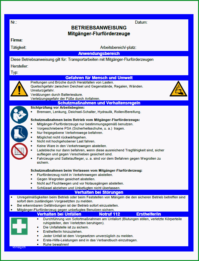 betriebsanweisung handgefuehrte mitgaenger flurfoerderzeuge