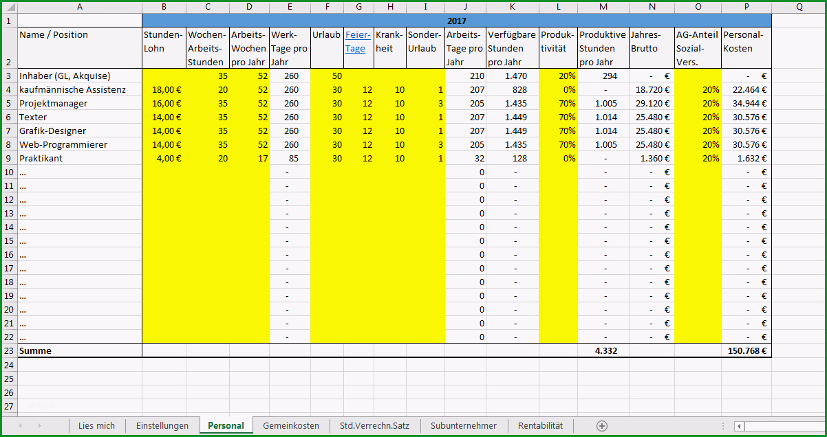 excel vorlage stundensatz kalkulation