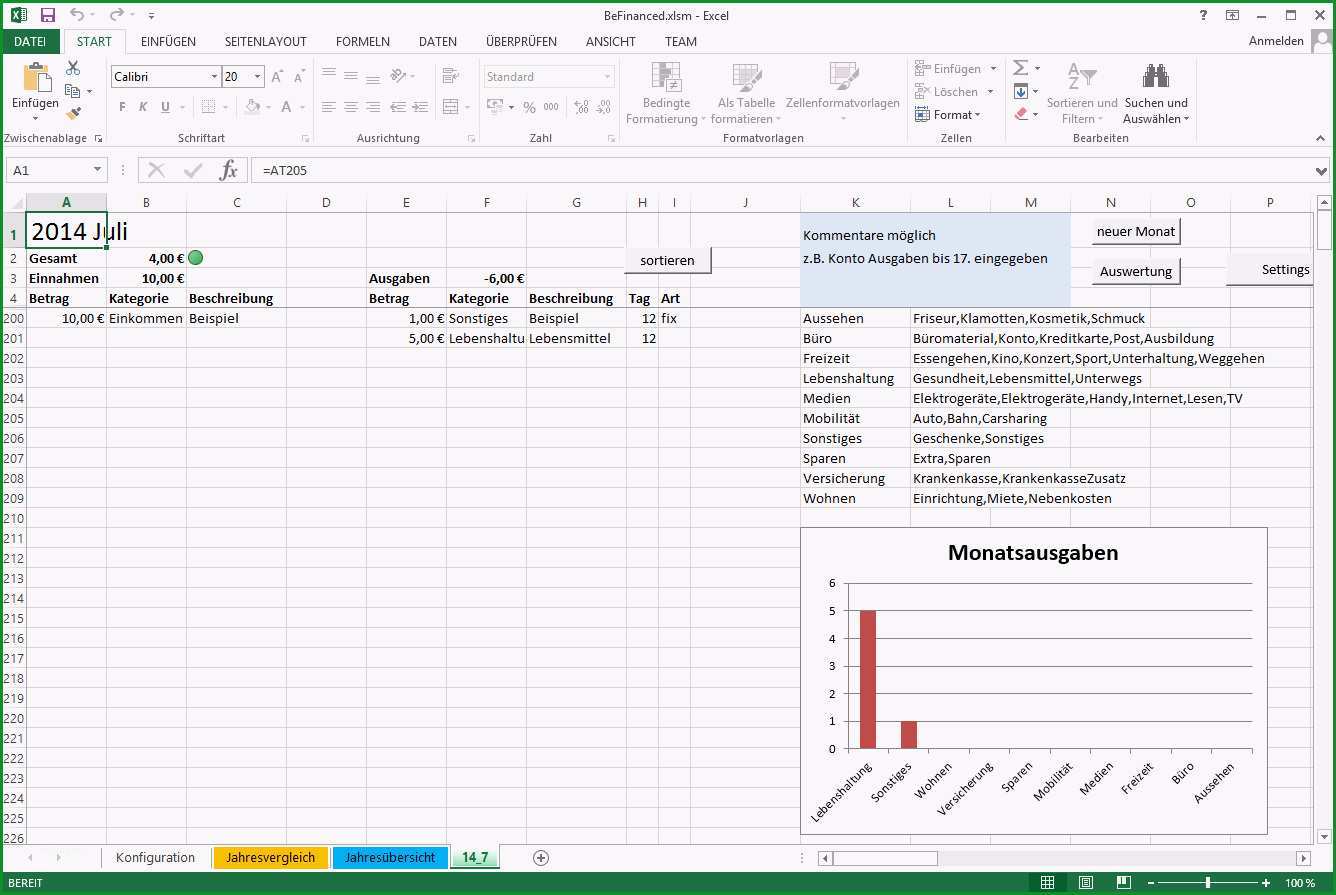 Haushaltsplan mit Excel BeFinanced