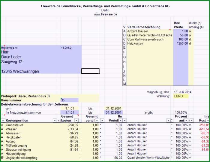 nebenkostenabrechnung excel vorlage