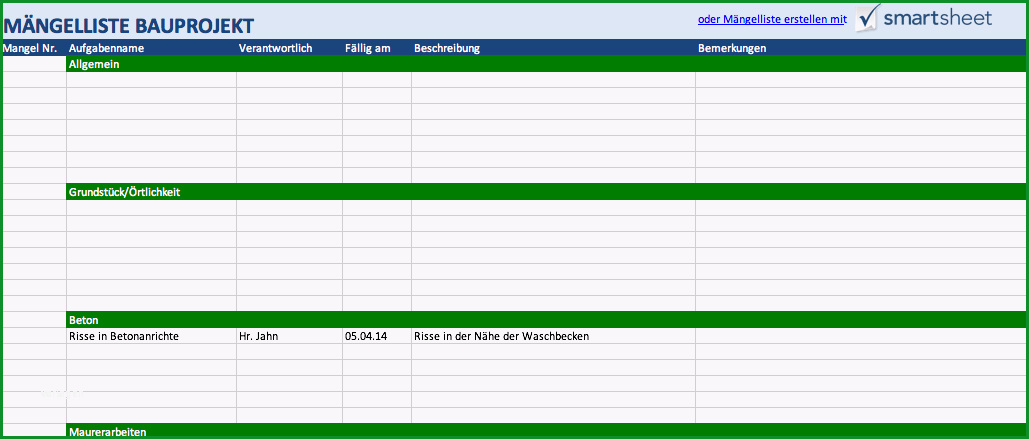 mangelliste vorlage excel