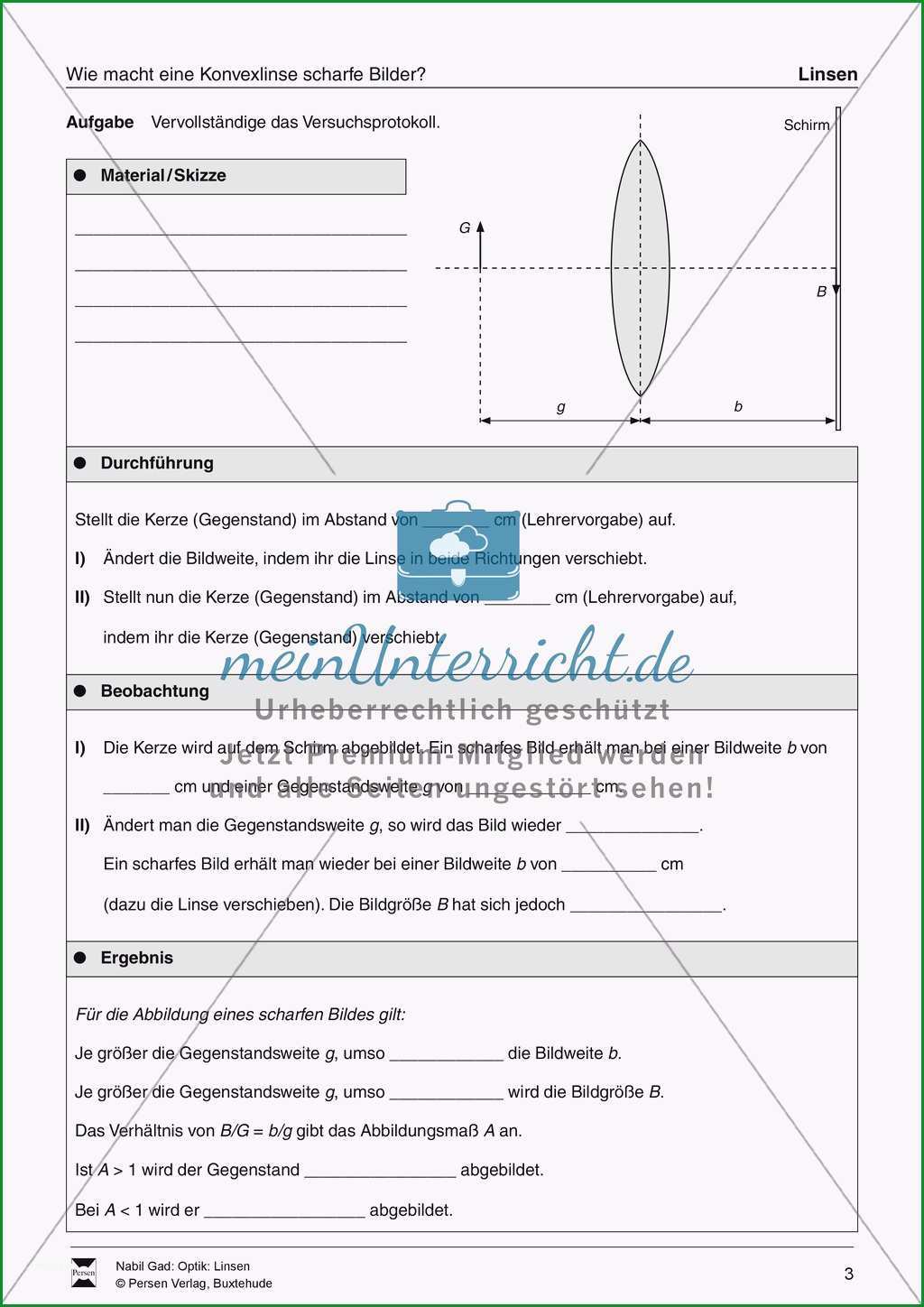 optik bilderzeugung bei der sammellinse vorlage versuchsprotokoll aufgaben losungen