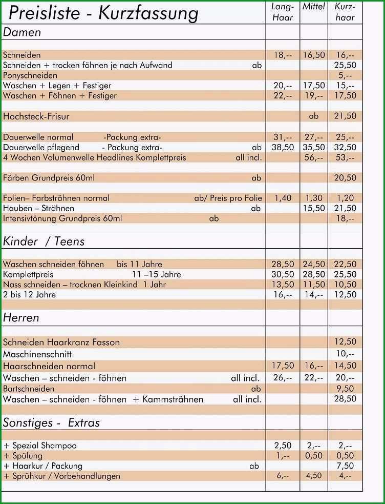 preisliste vorlage friseur befriedigend preisliste mit excel