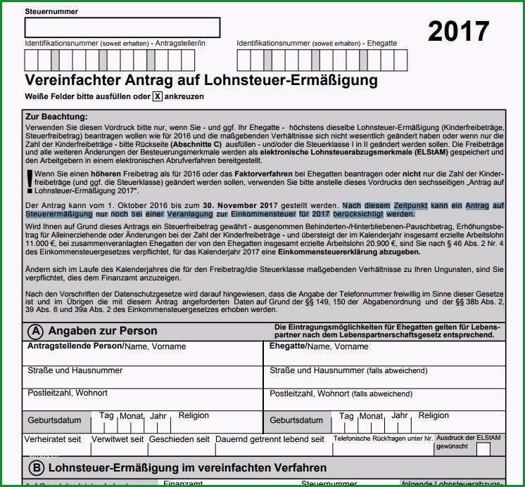 Vereinfachter Antrag auf Lohnsteuer Ermaessigung 2017 PDF Vorlage