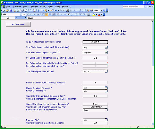 Excel Abgaben und Steuerlast