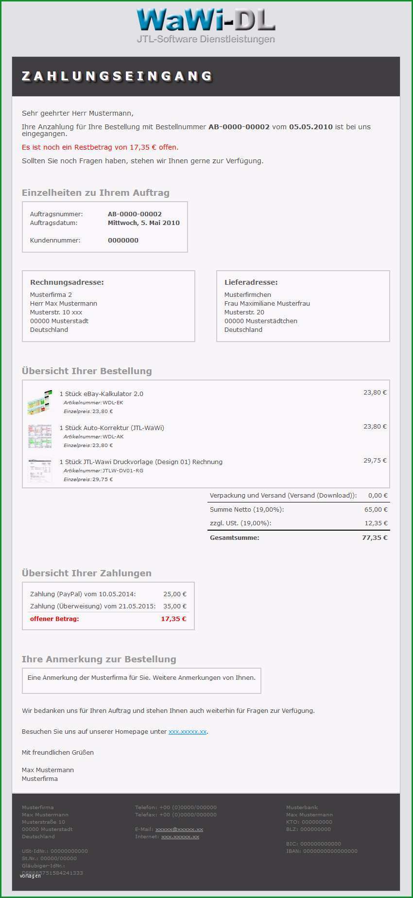 JTL Wawi Email Vorlage HTML Design 01 Zahlungsbestaetigung