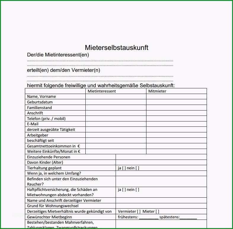 mieter selbstauskunft formular