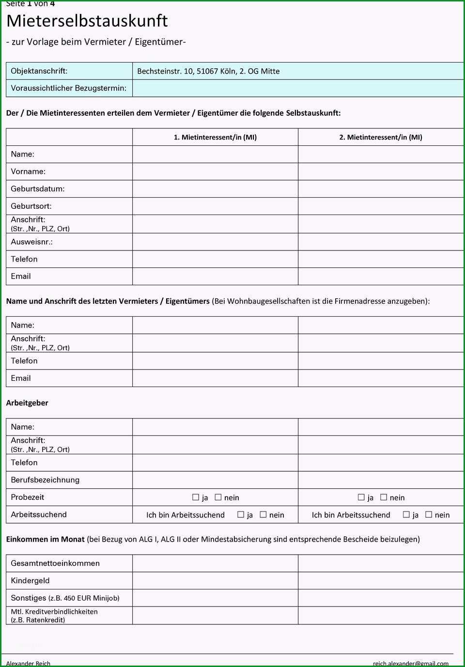 Mieterselbstauskunft zur vorlage beim vermieter eigentuemer seite 1 von 4 bechsteinstr 10 koeln 2 og mitte