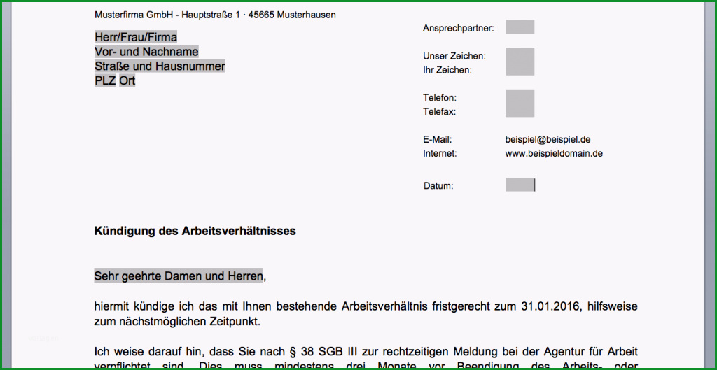 Unglaublich Muster Kündigung Des Arbeitsverhältnisses