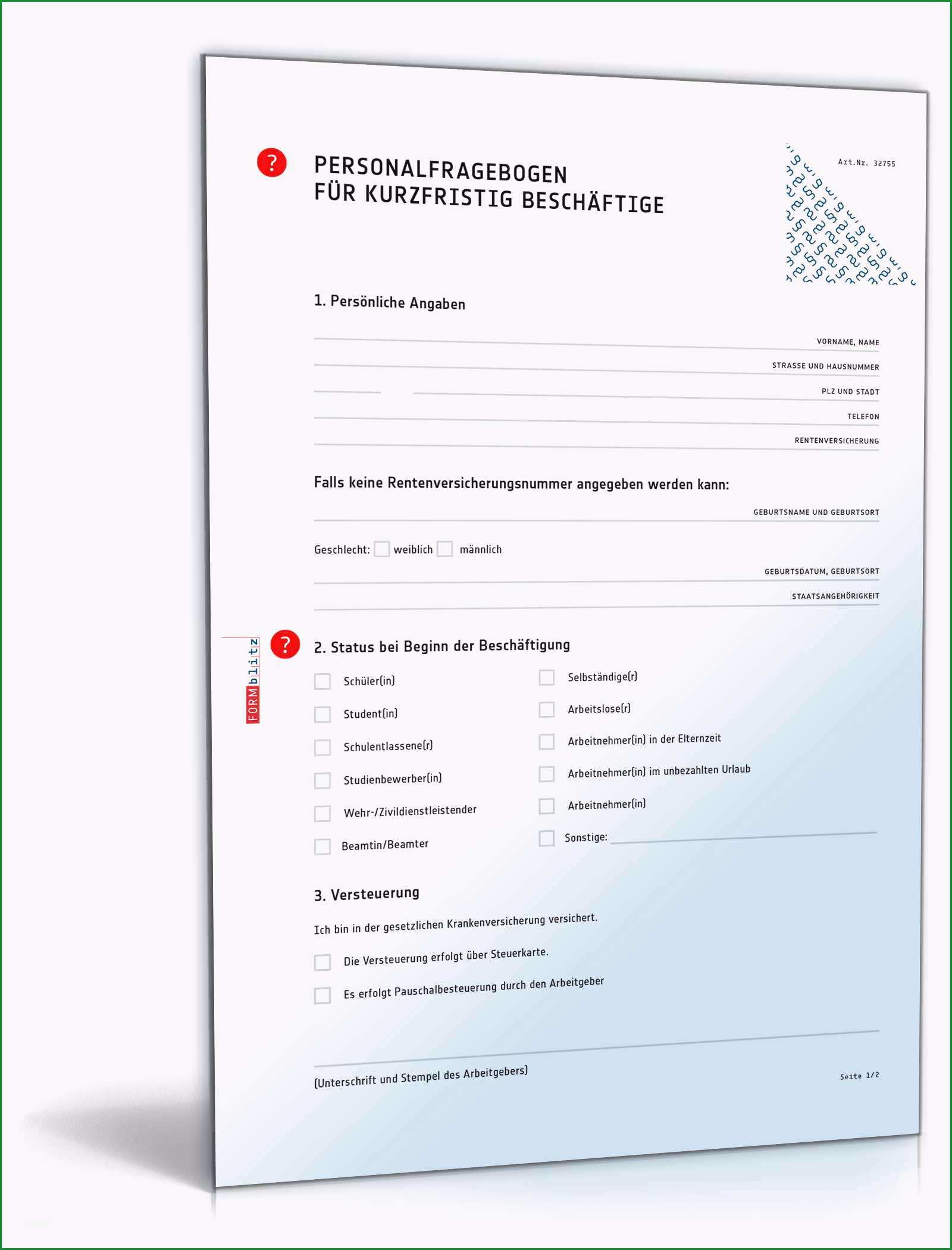 personalfragebogen fr kurzfristig beschftige