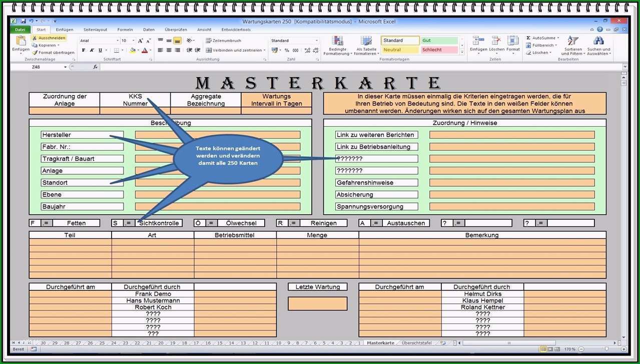 wartungsplan vorlage excel kostenlos