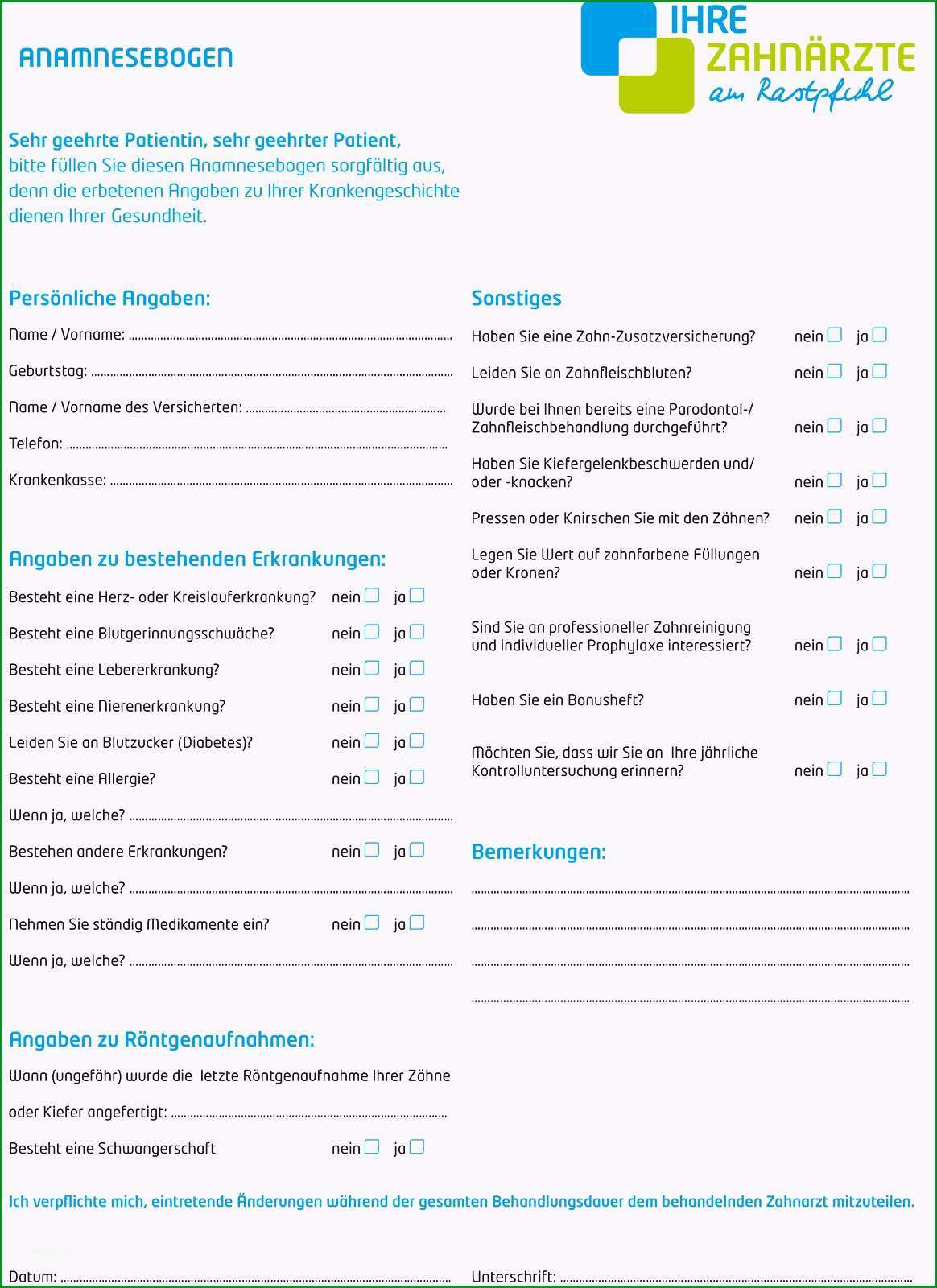 Unvergesslich Anamnesebogen Zahnarzt Vorlage Englisch formulare Fur