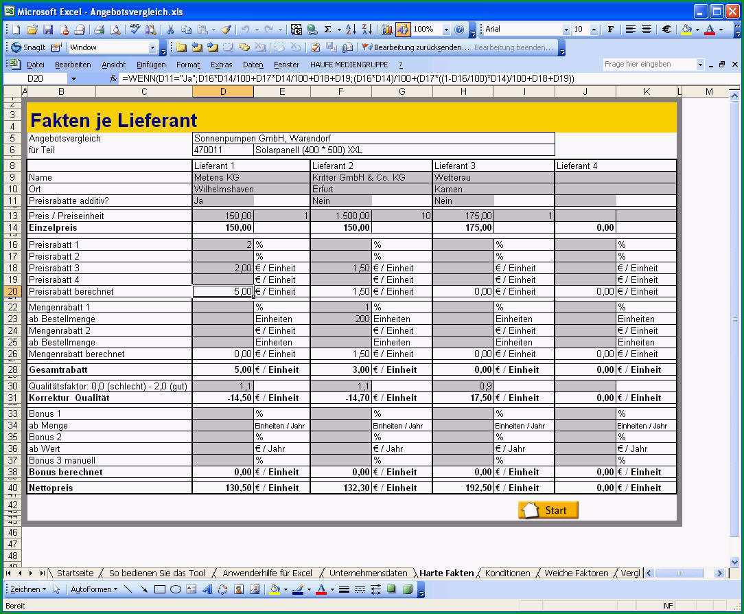 Unvergesslich Angebotsvergleich Mit Excel