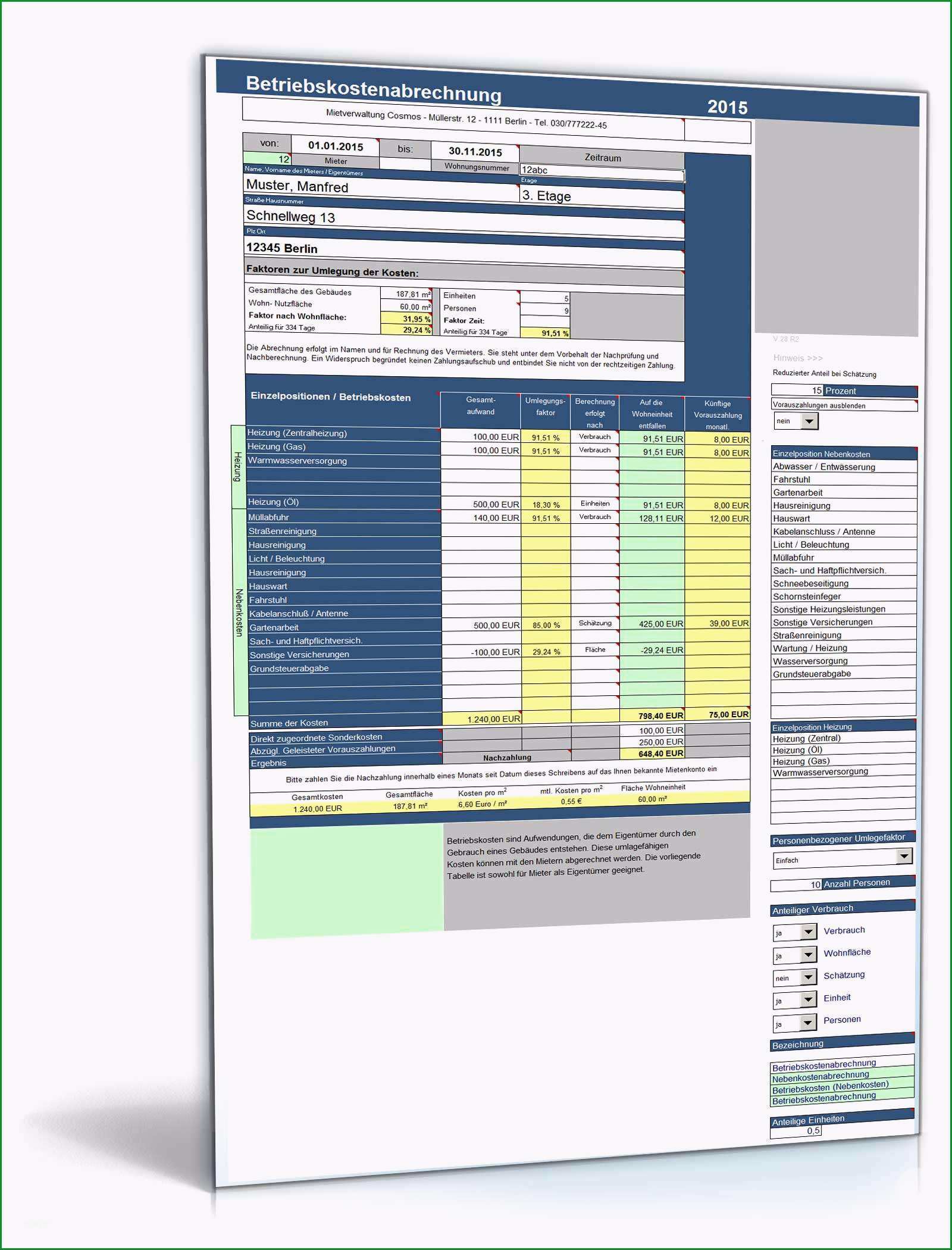 betriebskostenabrechnung vorlage excel kostenlos