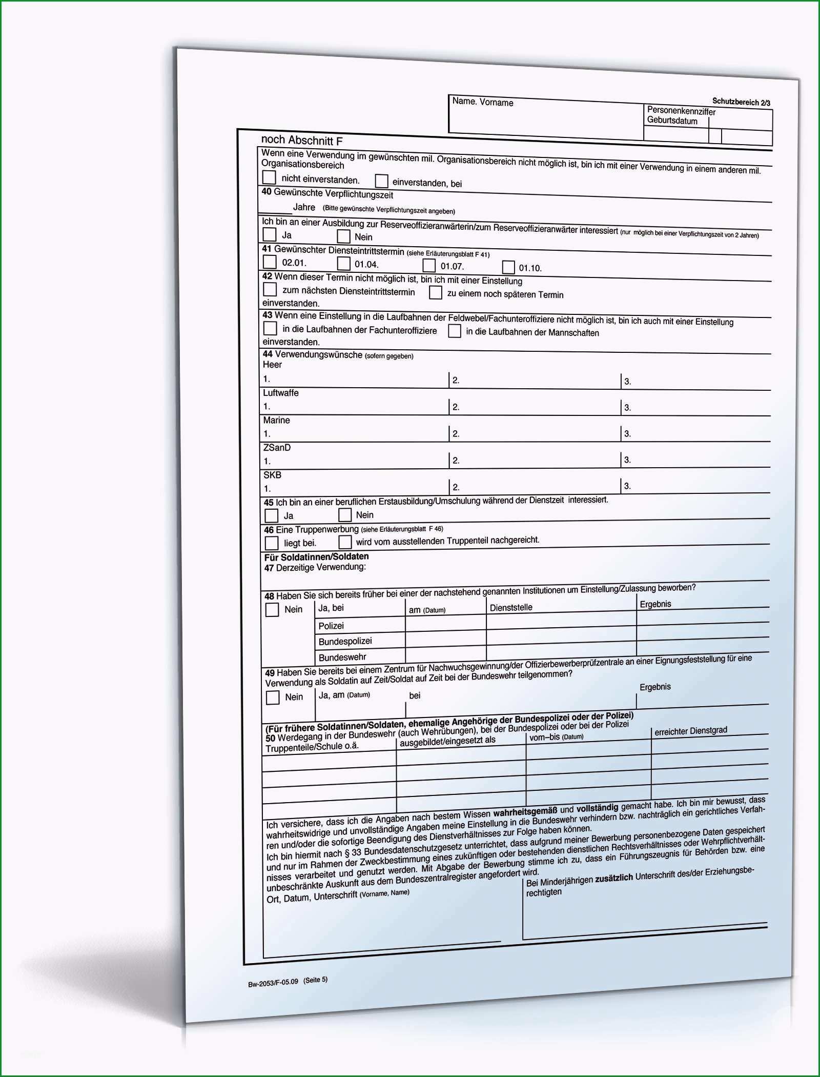 bewerbungsbogen fuer den freiwilligen nst in der bundeswehr