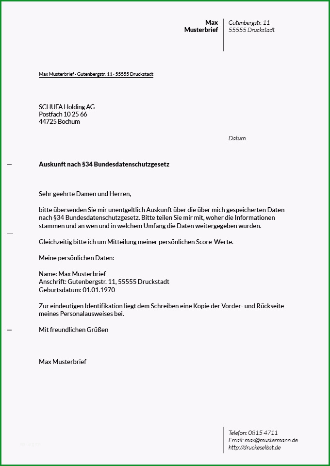 drucke selbst musterbrief fr eine kostenlose schufa auskunftvollmacht auskunft vorlage