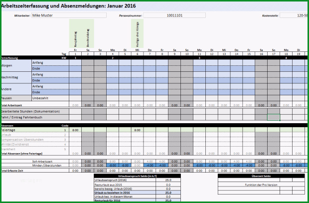 Unvergesslich Excel Arbeitszeiterfassung Vorlage 2016