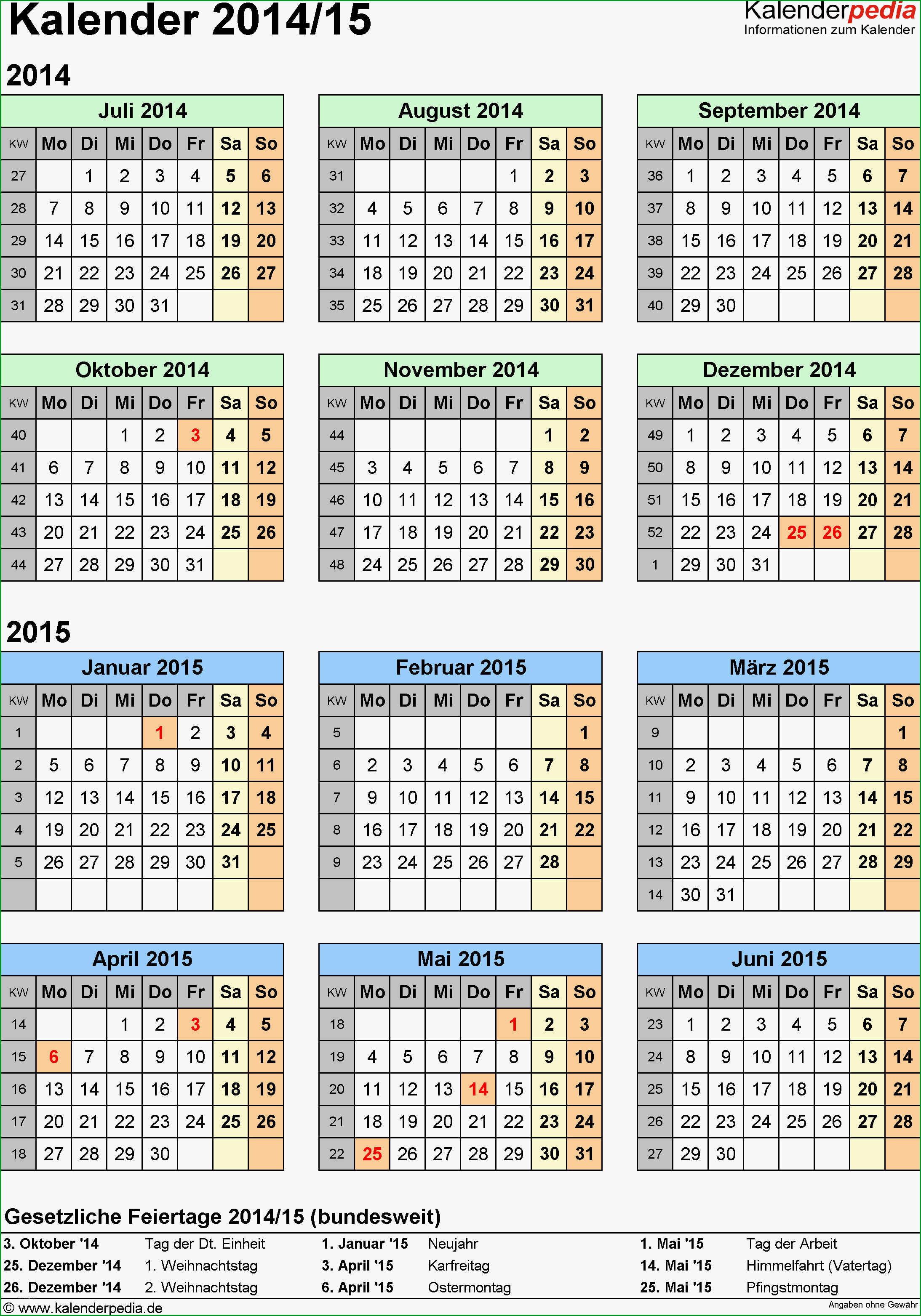 halbjahreskalender 2014 2015 excel vorlagen