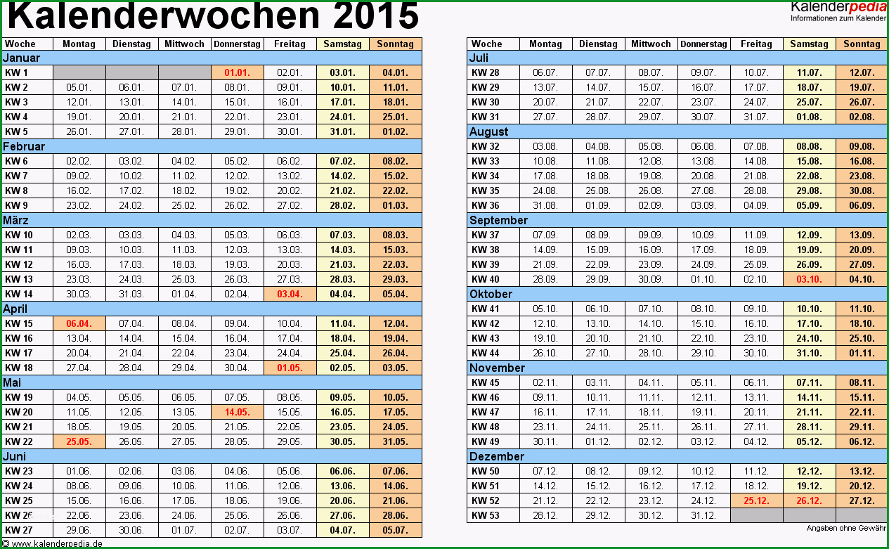 Unvergesslich Kalenderwochen 2015 Mit Vorlagen Für Excel Word &amp; Pdf
