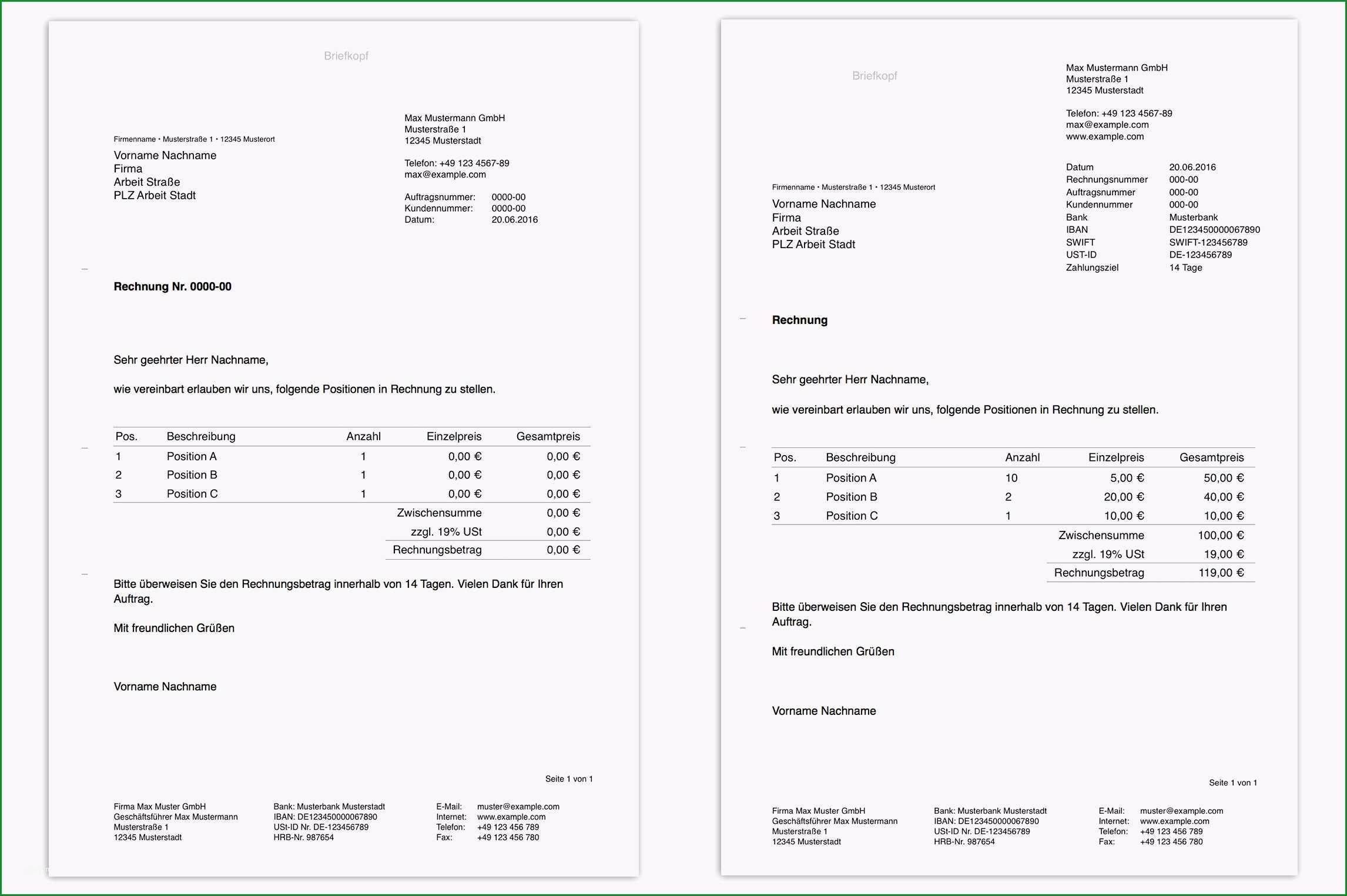 Unvergesslich Pages Vorlage Rechnung