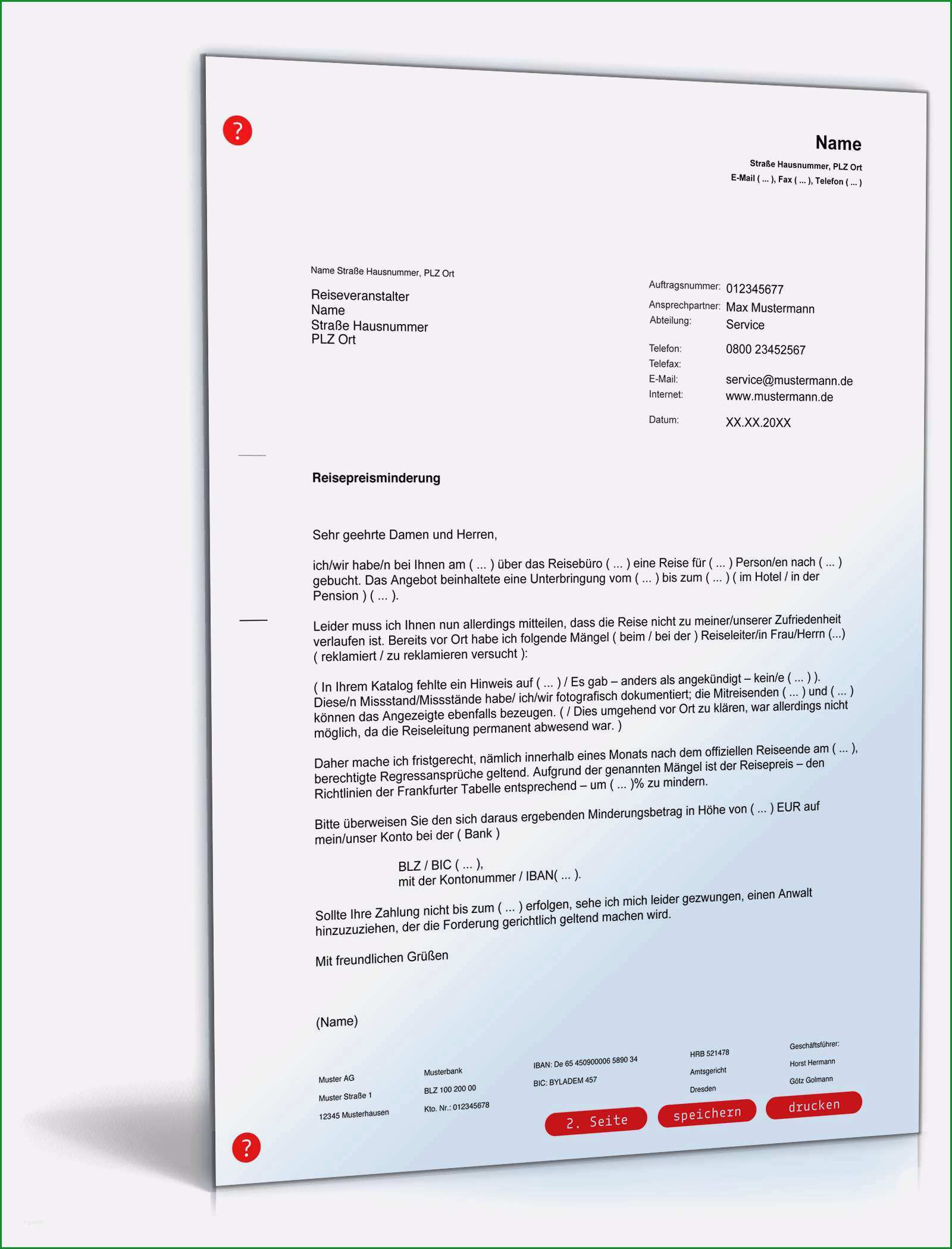 reklamation vorlage genial beschwerde reise preisminderung