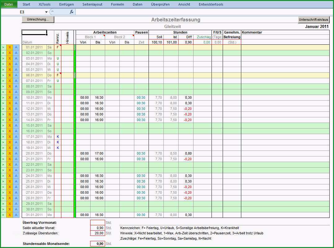 zeiterfassung 1 0 fur excel mit arbeitszeiten excel