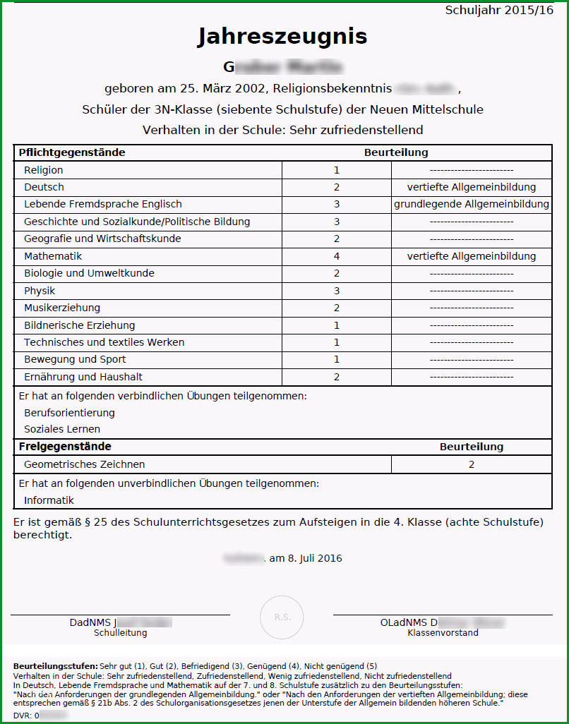 Zeugnis NMS Klasse